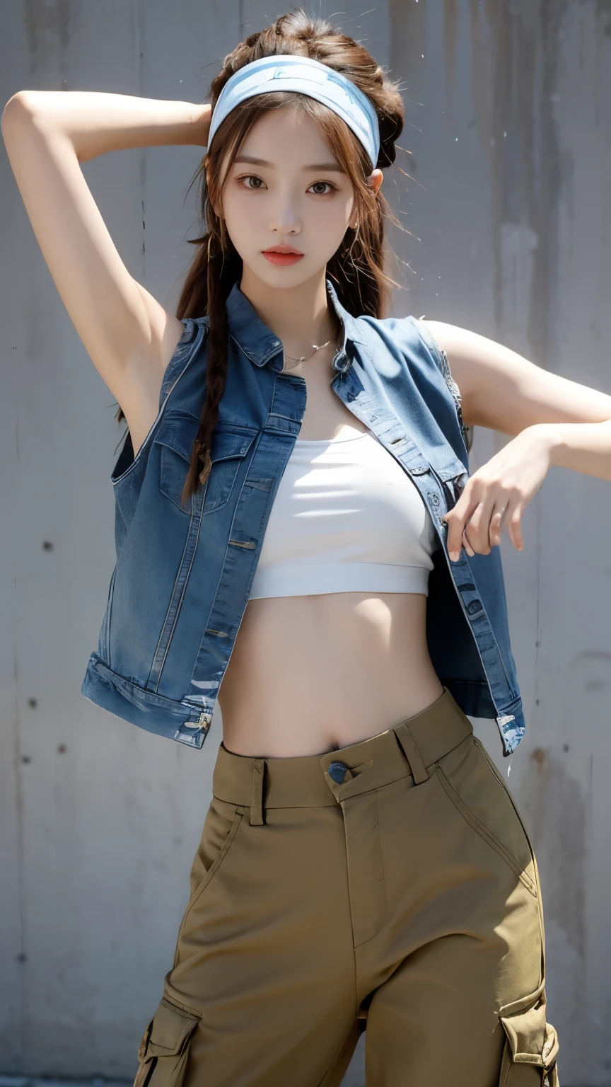 Youthful Sunshine,beauty,fit,Slender muscles,Obvious vest line,Hip-hop style Korean,hiphop female dancer,Loose cargo pants,Dreadlocks,Colored headbands