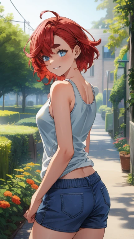 Tabletop, highest quality, Tabletop, Attention to detail, detailed face, detailed eyes, Rendered eyes, Perfect Eyes, Hip line, Ambient Occlusion, Clear images, detailed, wonderful,8k,8k Wallpaper,8k background, Attention to detail肌, High resolution,
One Girl, alone,smile, ((Tank top、Shorts:1.3、Thighs)), ((Redhead、blue eyes))、garden、Backwards、look back、Butt