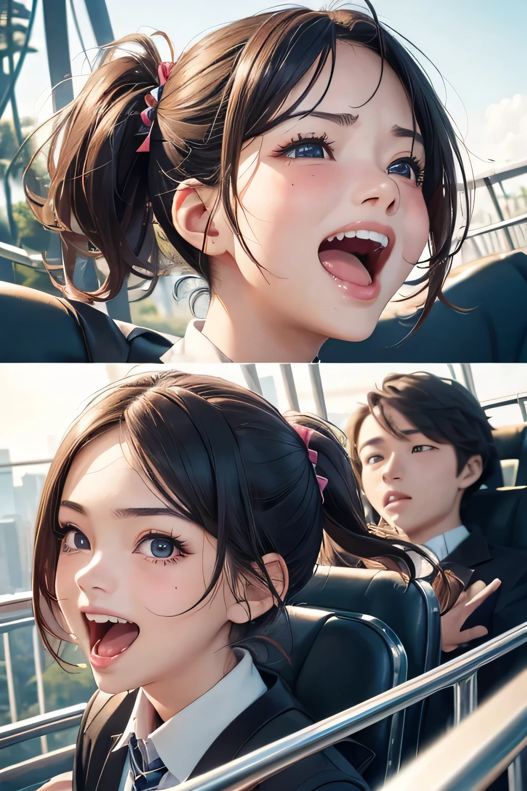highest quality、High resolution、Detailed Background、(Beautiful face in every detail:1.4)、Anatomically correct、Hide your hands、(Detailed facial expressions)、(Detailed eyes:1.2)、(Detailed eyes:1.2)、Teenage beauty、(Three Women)、(Highly detailed face:1.4)、Cute hair colour、Bobcut、ponytail、Twin tails、well-groomed eyebrows、Powerful images and realistic depictions、Create a sense of realism、Expressions of excitement and joy、A powerful angle、
(A girl screaming with excitement and joy on a thrilling ride:1.5)、
A roller coaster that descends at a right angle down a cliff over 100 meters high、
As if defying gravity, I suddenly fell and my heart started pounding.、
In the next moment, the coaster changes direction horizontally and makes a huge 360-degree loop, flying through the air.、The passengers felt as if their bodies were being torn apart vertically and horizontally, and they couldn't stop screaming.、
With each turn, I feel like I'm being crushed by the intense acceleration and centrifugal force that runs through my entire body.、After a moment of fear and danger, you will be filled with a sense of exhilaration and accomplishment.