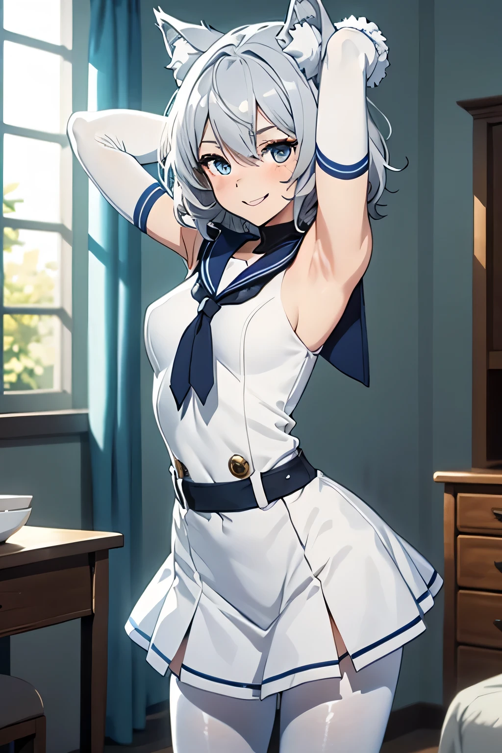 Tabletop Best image quality wonderful Attention to detail One Young Woman((Adult))Anime Style White Sailor Suit(Sleeveless) Navy blue mini skirt Pure white gloves(Elbow Gloves) Stretch your arms White Pantyhose(Plain) wolf ears short hair((Shortcuts)(Gray Hair)(Curly Hair)(fluffy)) smile(Happy) Eye color is blue background(Bedroom) standing