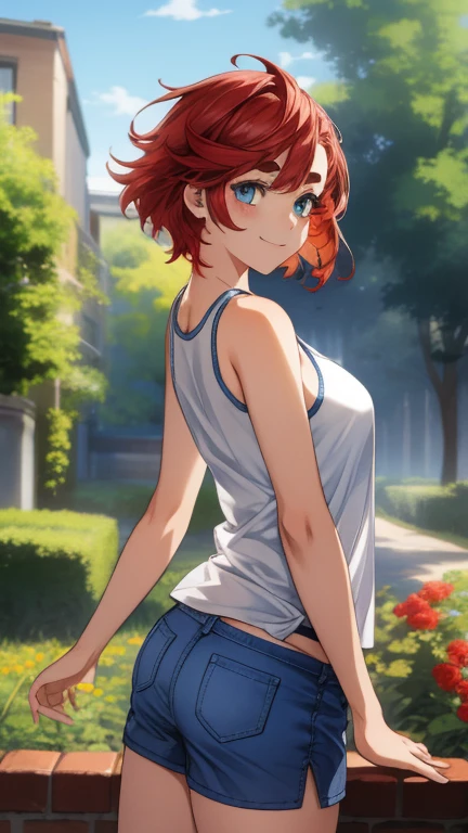 Tabletop, highest quality, Tabletop, Attention to detail, detailed face, detailed eyes, Rendered eyes, Perfect Eyes, Hip line, Ambient Occlusion, Clear images, detailed, wonderful,8k,8k Wallpaper,8k background, Attention to detail肌, High resolution,
One Girl, alone,smile, ((Tank top、Shorts:1.3、Thighs)), ((Redhead、blue eyes))、garden、Backwards、look back、Butt