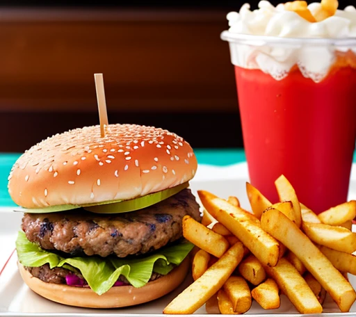food,Cheeseburger and fries in real life, High resolution, 8k ((realism)), extremely high quality RAW photograph, Super detailed photos, Sharp focus, High resolution, high quality, Film Grain, Fujifilm XT3,Very detailed,Sparkling
