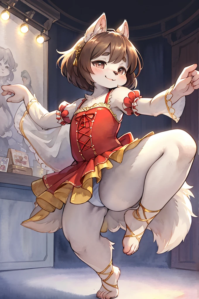 closeup face , (Precision depiction face) , hairy racoon dog lady , hairy fur , round face , (tilt face:1.2) , (half-open eyes) , Swollen cheeks , glossy lips , euphoria smile ,(barefoot:1.2) , (look away:1.2) ,relax ta costume , hair ornaments , Drawers , Theater stage , Dancing ballet on the stage , dynamic dance , dim light , En face ,croisee , efface , En avant , En bar , En haut , a la seconde , allonge , Move limbs widely , rear Bokeh , front view , side view , top view , from below , back shot , (jump) , (pale watercolor:1.5), Picture book illustrations
