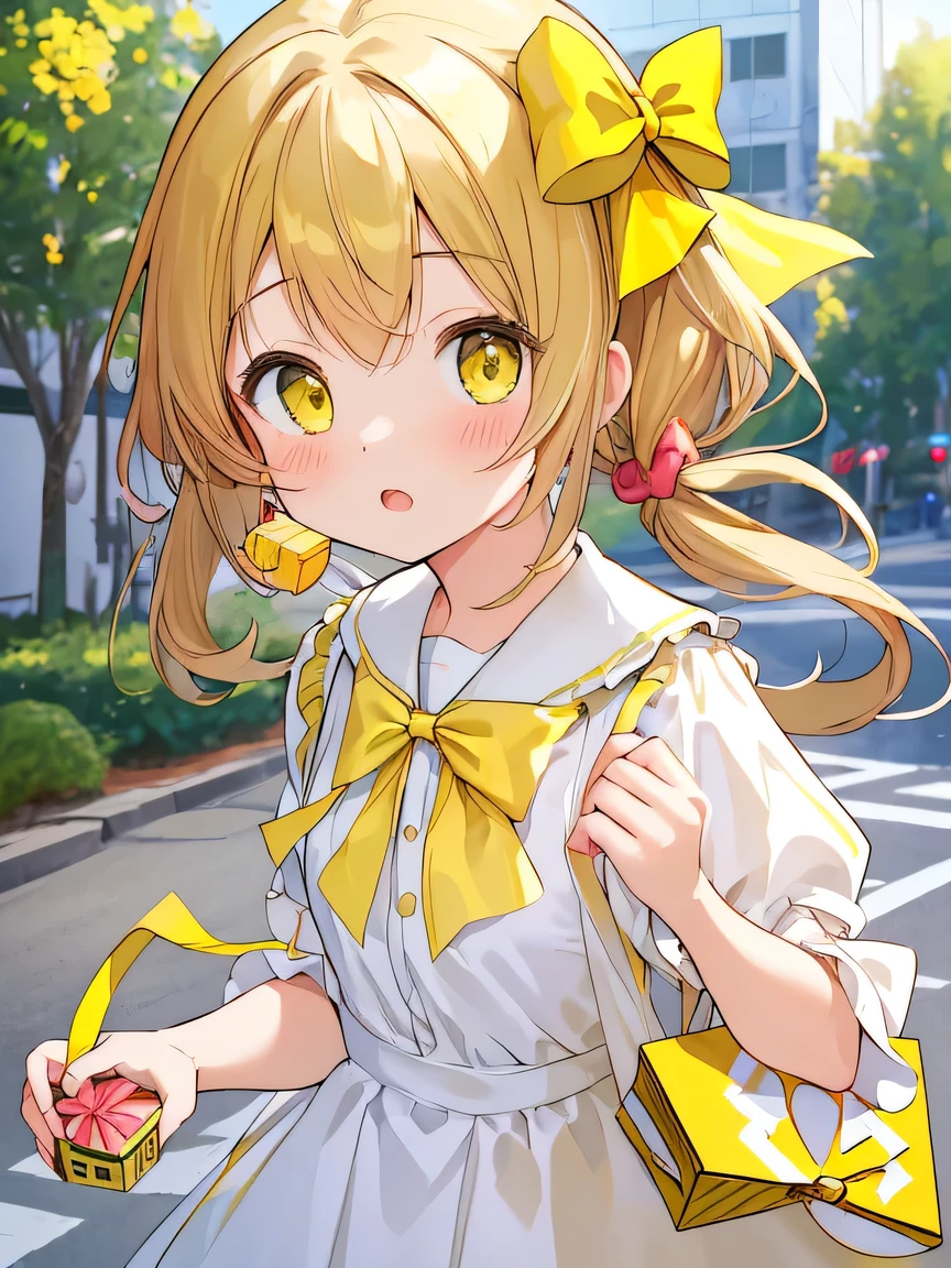 ((masterpiece)), ((best quality)), (ultra-detailed), ((kawaii)), cute, (lovely), illustration, anime style, 1girl, upper body, upper body focus, street, beautiful girl, residential area, walking, sidewalk, (holding a small yellow box of caramels), (shaking a small yellow box in her hand up and down:1.8), disappointed when she realizes that the contents are empty, heart background.