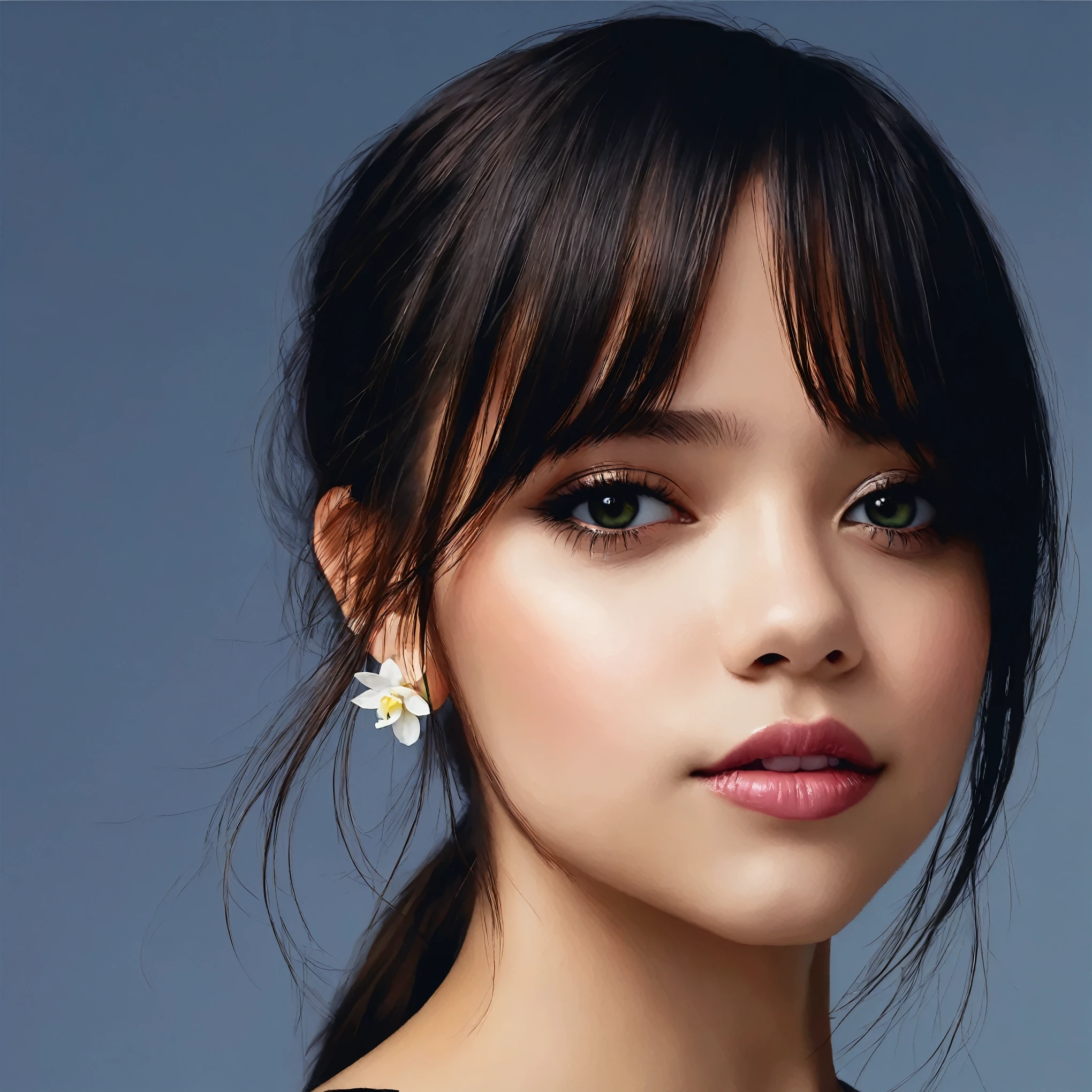 eine Nahaufnahme einer Frau mit einer Halskette um den Hals, ihr Gesicht sieht aus wie eine Orchidee, Jenna Ortega, foto from side, Detailgenauigkeit, beautiful, detailliertes Gesicht, extra langes Haar, ein geflochtener Pferdeschwanz auf dem Kopf, Nice haircut, (Blush:1.1), Perfect body shape, digital art. @Abonnieren, hyper-realistic beautiful face, Very pretty face, Hyperrealistische Gesichter, hyperrealistisches Farbfoto, beautiful und realistisches Gesichts, beautiful und realistisches Gesicht, green backround