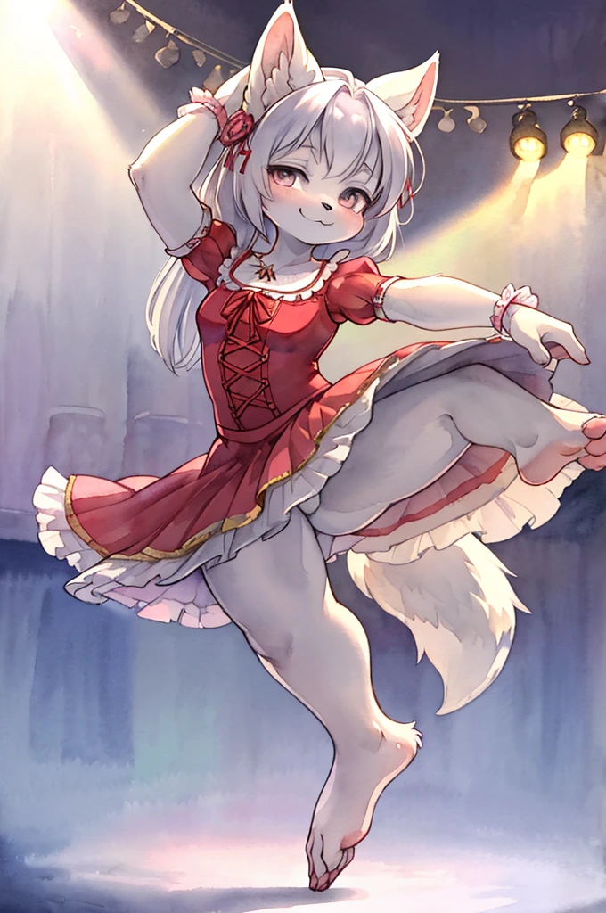 closeup face , (Precision depiction face) , hairy racoon dog lady , hairy fur , round face , (tilt face:1.2) , (half-open eyes) , Swollen cheeks , glossy lips , euphoria smile ,(barefoot:1.2) , (look away:1.2) ,relax ta costume , hair ornaments , Drawers , Theater stage , Dancing ballet on the stage , dynamic dance , dim light , En face ,croisee , efface , En avant , En bar , En haut , a la seconde , allonge , Move limbs widely , rear Bokeh , front view , side view , top view , from below , back shot , (jump) , (pale watercolor:1.5), Picture book illustrations