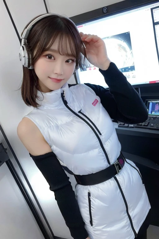 An innocent 20-year-old girl、((White tank top, Dramatic Pose)),smile,BREAK (Spacecraft control room background):2,、BREAK RAW Photos, (8k、highest quality、masterpiece:1.2)、(Intricate details:1.4)、(Photorealistic:1.4)、Octane Rendering、Complex 3D rendering with ultra-detail, Studio Soft Light, Rim Light, Vivid details, Super Detail, Realistic skin texture, Detailed aspect, Beautiful details in the eyes, Highly detailed CG Unity 16k wallpaper, compensate, (Detailed Background:1.2), Glowing Skin, whole body、(astrovest):2,(black long sleeves):5,headphone,smartwatch,((Standing with hands behind back、Leaning forward、Angle from above))