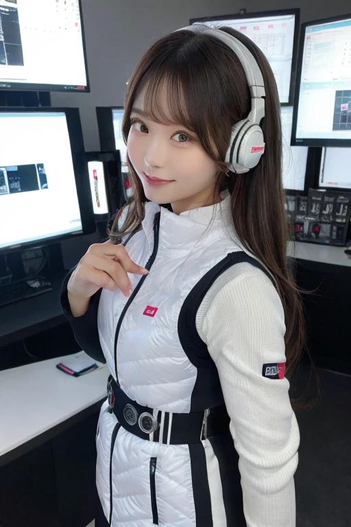 An innocent 20-year-old girl、((White tank top, Dramatic Pose)),smile,BREAK (Spacecraft control room background):2,、BREAK RAW Photos, (8k、highest quality、masterpiece:1.2)、(Intricate details:1.4)、(Photorealistic:1.4)、Octane Rendering、Complex 3D rendering with ultra-detail, Studio Soft Light, Rim Light, Vivid details, Super Detail, Realistic skin texture, Detailed aspect, Beautiful details in the eyes, Highly detailed CG Unity 16k wallpaper, compensate, (Detailed Background:1.2), Glowing Skin, whole body、(astrovest):2,(black long sleeves):5,headphone,smartwatch,((Standing with hands behind back、Leaning forward、Angle from above))