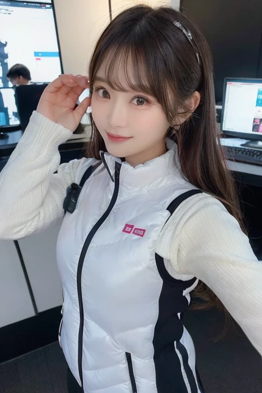 An innocent 20-year-old girl、((White tank top, Dramatic Pose)),smile,BREAK (Spacecraft control room background):2,、BREAK RAW Photos, (8k、highest quality、masterpiece:1.2)、(Intricate details:1.4)、(Photorealistic:1.4)、Octane Rendering、Complex 3D rendering with ultra-detail, Studio Soft Light, Rim Light, Vivid details, Super Detail, Realistic skin texture, Detailed aspect, Beautiful details in the eyes, Highly detailed CG Unity 16k wallpaper, compensate, (Detailed Background:1.2), Glowing Skin, whole body、(astrovest):2,(black long sleeves):5,headphone,smartwatch,((Standing with hands behind back、Leaning forward、Angle from above))