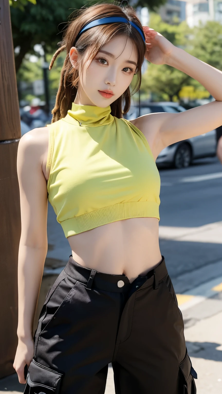 Sunny street, Stylish tank top、Woman in miniskirt , low chest,Walking distance to car, High quality, detail,Anatomically correct,cinematic lighting effect,medium shot,Closeup of small,Slimed、A slender、Model body type、Brown middle hair