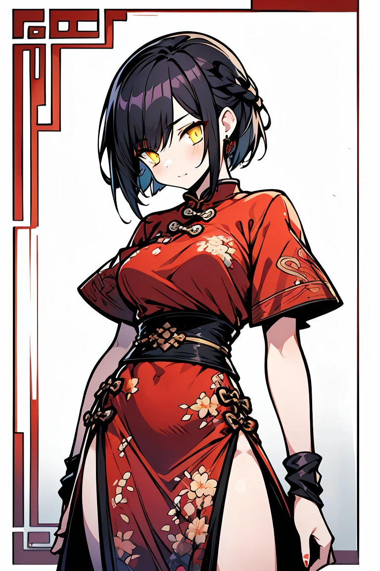((1 girl)), Cool woman,Rough poses, Latest modern fashion, Red Chinese Dress, Braid, good, Large clothes, Cowboy Shot,(Very detailed,highest quality, High resolution, Apathy, 8k wallpaper, Beautiful clothes,)),((Black Hair, Short Hair,Straight hair)), eye shadow, eyeliner,Glow Eye, Very detailedな目, Beautiful Eyes, ((Glowing yellow eyes)), 18-year-old girl,Five Fingers