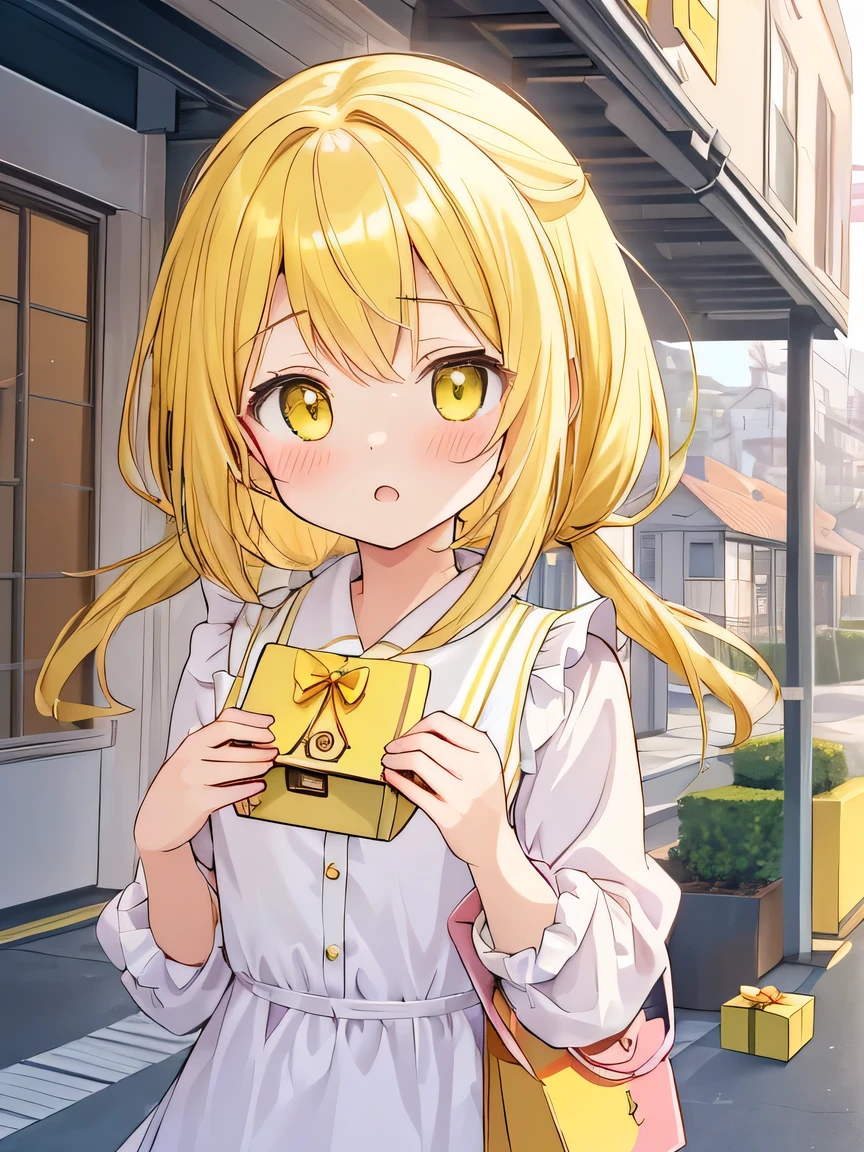 ((masterpiece)), ((best quality)), (ultra-detailed), ((kawaii)), cute, (lovely), illustration, anime style, 1girl, upper body, upper body focus, street, beautiful girl, residential area, walking, sidewalk, (holding a small yellow box of caramels), (shaking a small yellow box in her hand up and down:1.8), disappointed when she realizes that the contents are empty, caramels background.