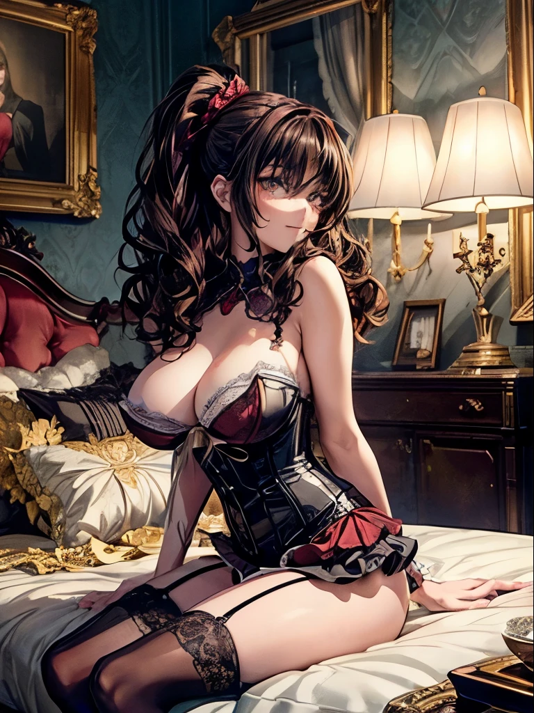 Anime, a glamour shot of a smiling MILF, wavy dark curly hair, busty, big ass, Standing demurely with her legs crossed in a bedroom, long sexy legs, leaning toward the viewer, with Smokey eyes and knowing smile wearing a revealing red corset, lace stockings, insanely detailed face and eyes, intricate, hyper-detailed bedroom, hyper-detailed romantic setting, dark Candlelit room, champagne, digital illustration, masterpiece, beautiful eyes, atmospheric lighting, centered, perfect anatomy, glowing eyes, candid portrait, clear, very detailed, smooth, sharp focus, focused on the viewer, facing the viewer, posing for the viewer