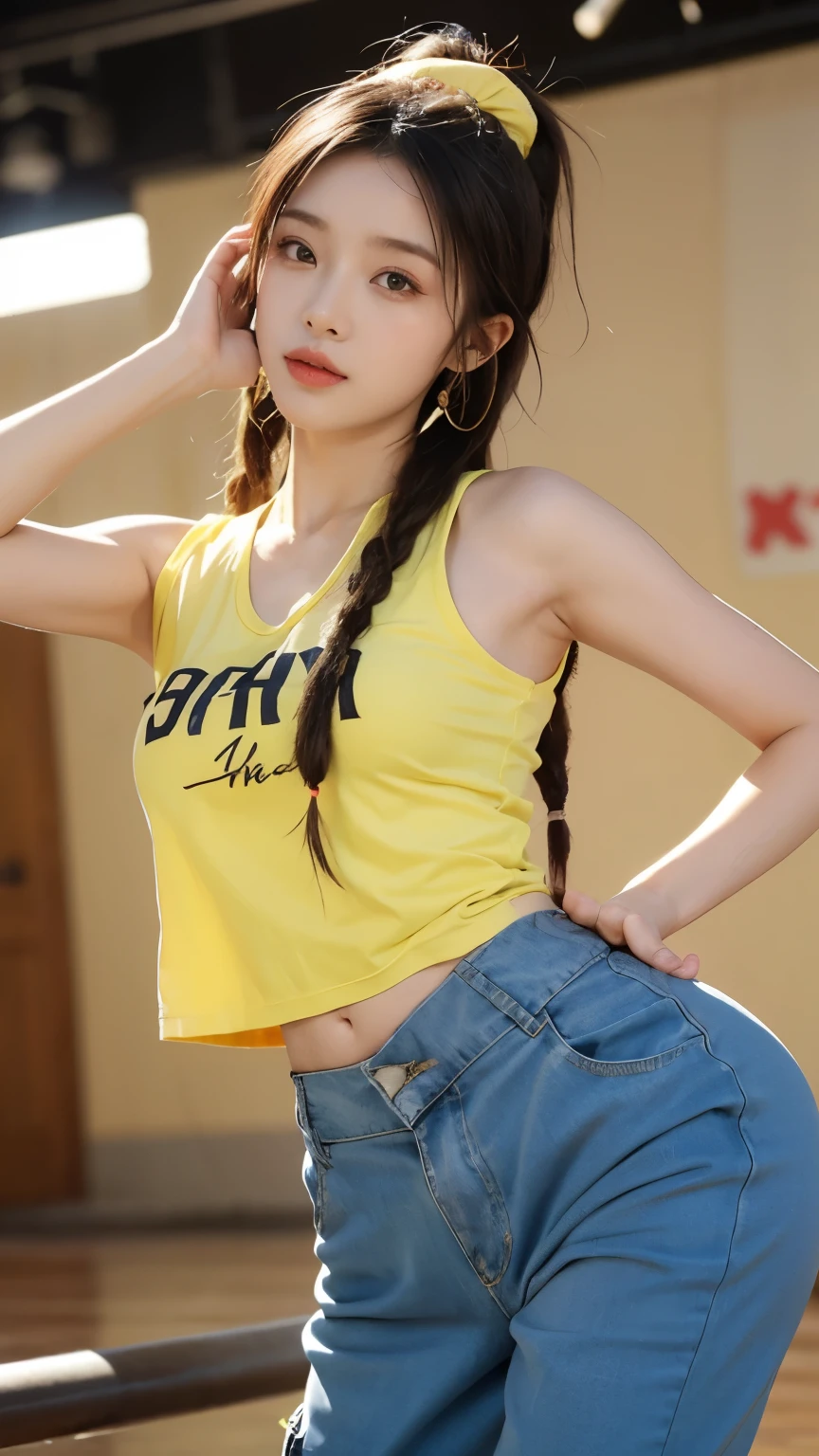Youthful Sunshine,beauty,fit,Slender muscles,Obvious vest line,China in hip-hop style,hiphop female dancer,Loose cargo pants,Dreadlocks,Colored headbands