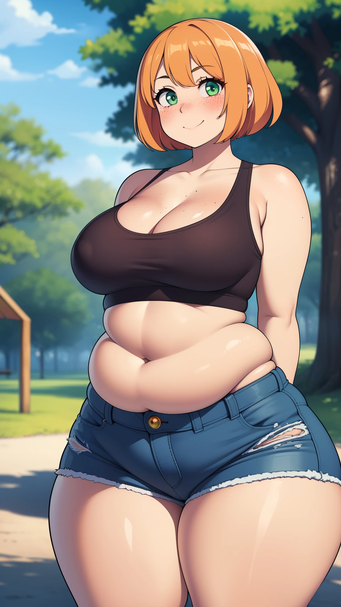 ((highres)), Masterpiece, high quality, best quality, beautiful, perfect lighting, detailed face, ultra cute face, ((1girl)), ((solo), short fluffy orange hair, green eyes, freckles, ((blush)), sweet smile, looking at viewer, arms behind back, standing in a park, (park), daytime, crop top, shorts, (((thick thighs))), ((wide hips)), cleavage, (medium breasts), (chubby), 20 year old female,