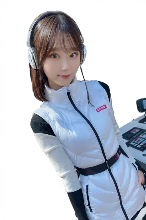 An innocent 20-year-old girl、((White tank top, Dramatic Pose)),smile,BREAK (Spacecraft control room background):2,、BREAK RAW Photos, (8k、highest quality、masterpiece:1.2)、(Intricate details:1.4)、(Photorealistic:1.4)、Octane Rendering、Complex 3D rendering with ultra-detail, Studio Soft Light, Rim Light, Vivid details, Super Detail, Realistic skin texture, Detailed aspect, Beautiful details in the eyes, Highly detailed CG Unity 16k wallpaper, compensate, (Detailed Background:1.2), Glowing Skin, whole body、(astrovest):2,(black long sleeves):5,headphone,smartwatch,((Standing with hands behind back、Leaning forward、Angle from above))