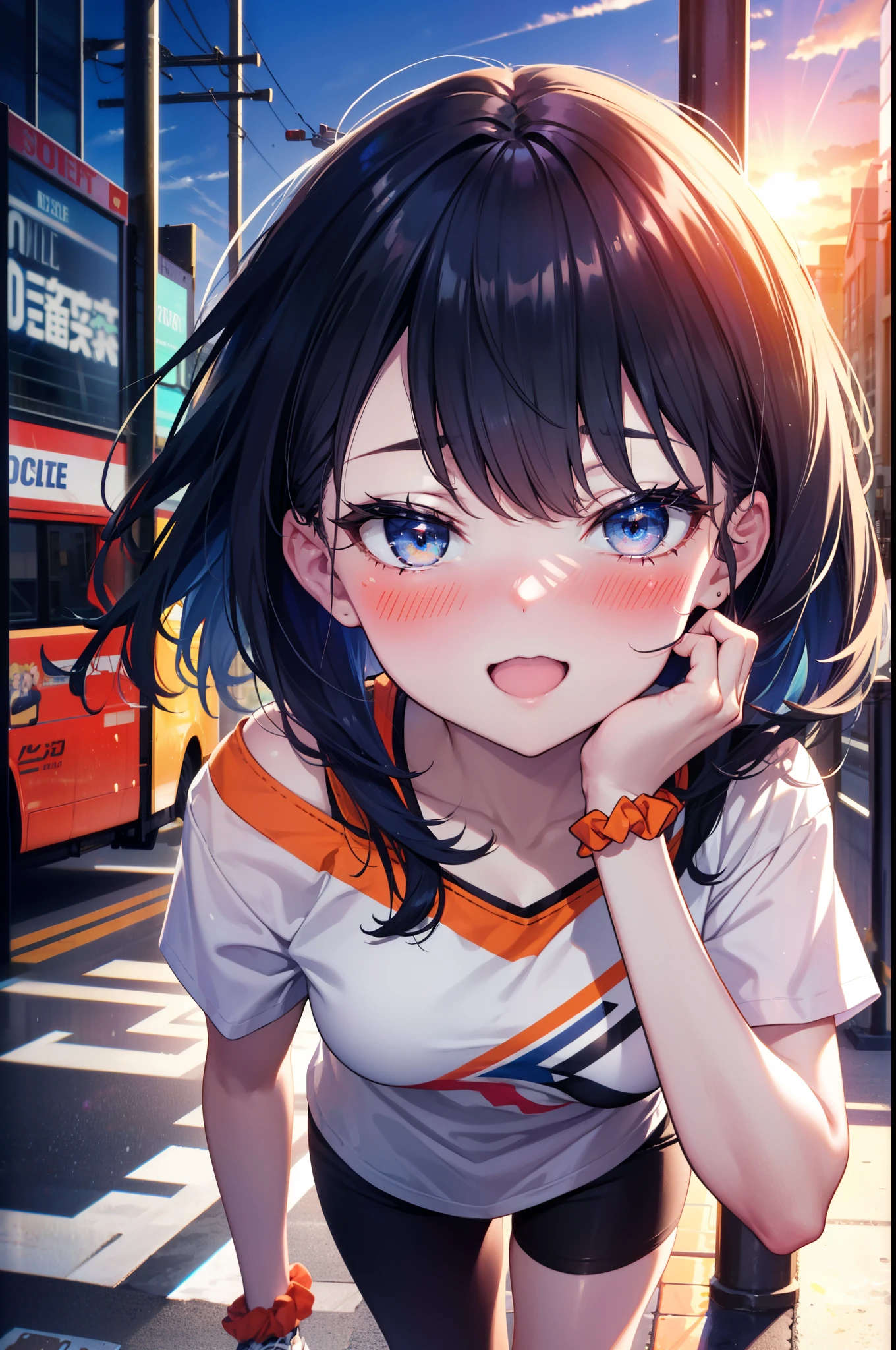 Rikka body, rikka takarada, Black Hair, blue eyes, Long Hair, orange Scrunchie, Scrunchie, wrist Scrunchie,happy smile, smile, Open your mouth,blush,hair band,Cordo shoulder top,Short sleeve,Shorts,black tights,High Top Sneakers,morning,morning陽,The sun is rising,whole bodyがイラストに入るように,walk,
break looking at viewer, whole body,
break outdoors, city,construction area,
break (masterpiece:1.2), highest quality, High resolution, unity 8k wallpaper, (shape:0.8), (Beautiful details:1.6), Highly detailed face, Perfect lighting, Extremely detailed CG, (Perfect hands, Perfect Anatomy),