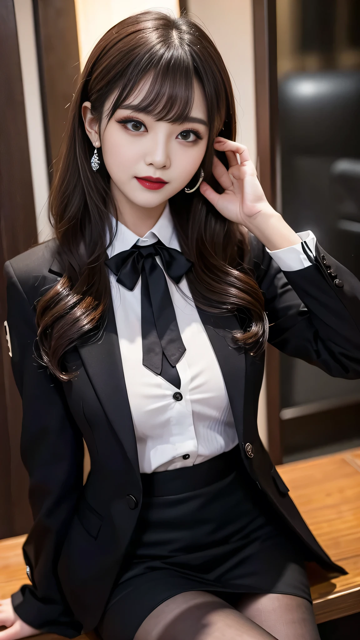 best quality、ultra-detailed、4k、Japanese、Seductive beauty、seductive adult woman、Pretty Woman、cool girl、Villainess、Brainwashed、brainwash、Fallen into evil、smirk、Evil look、Wicked Smile、evil、Brown hair、wavy hair、swept bangs、dark makeup、dark makeup、piercing eyes、hollow eyes,half-closed eyes、Hollow Eyes、purple Eyeshadow、black lipstick、black lipglos、office staff suit、suit、Jacket、Black sleeves、White Shirt、Black Ribbon、Tight Skirt、fishpantyhose、stockings、night、inside darkroom、Are standing、shoot from below、Have lipstick、Emblem of Evil、Crest of Darkness、Swear allegiance、I have pledged my allegiance、Dye black、Blackening、Stained with evil、Dyed in darkness、Seduce