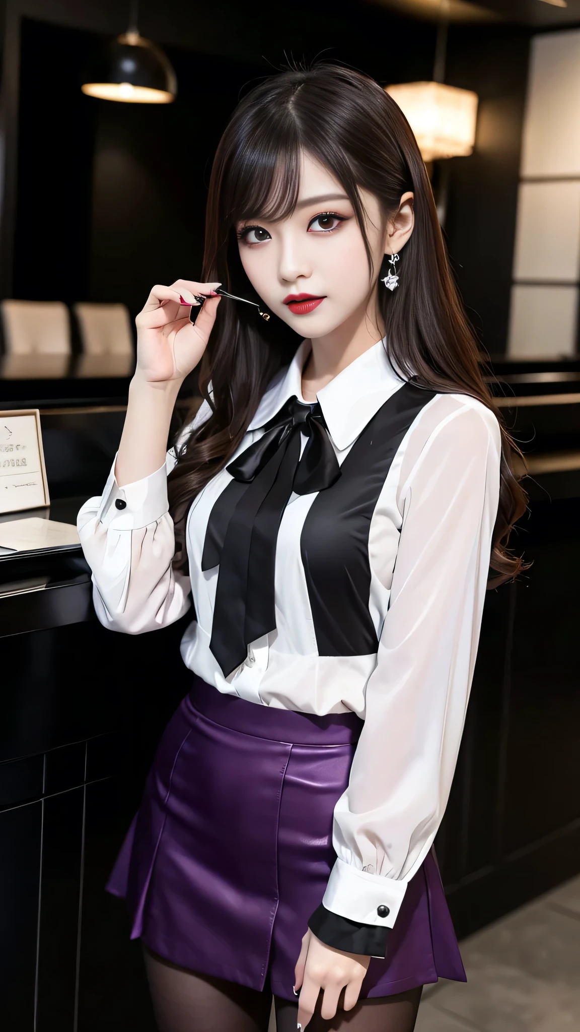 best quality、ultra-detailed、4k、Japanese、Seductive beauty、seductive adult woman、Pretty Woman、cool girl、Villainess、Brainwashed、brainwash、Fallen into evil、smirk、Evil look、Wicked Smile、evil、Brown hair、wavy hair、swept bangs、dark makeup、dark makeup、piercing eyes、hollow eyes,half-closed eyes、Hollow Eyes、purple Eyeshadow、black lipstick、black lipglos、office staff suit、suit、Jacket、Black sleeves、White Shirt、Black Ribbon、Tight Skirt、fishpantyhose、stockings、night、inside darkroom、Are standing、shoot from below、Have lipstick、Emblem of Evil、Crest of Darkness、Swear allegiance、I have pledged my allegiance、Dye black、Blackening、Stained with evil、Dyed in darkness、Seduce
