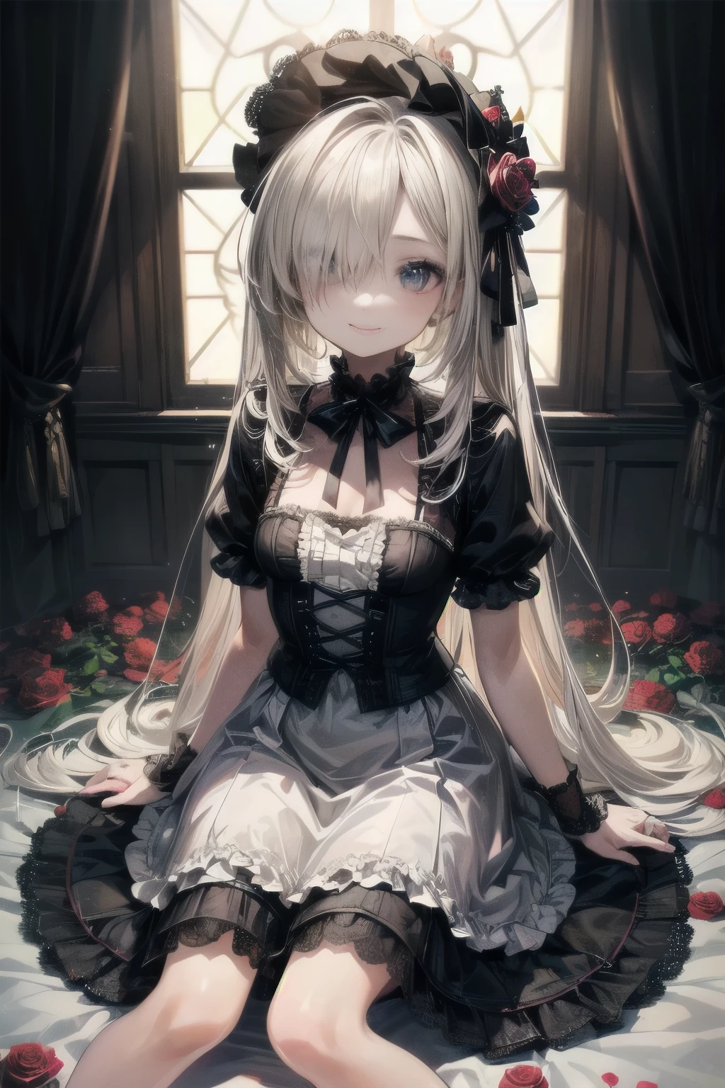 ((Masterpiece)), (Anime:1.3), ((best quality)), (Professional Photography:1.3), (super detail:1.2), (High Definition:1.3), (12 years old), 8K, lens flare, wide shot, Textured skin, cinematic lighting, 1girl, ((Beautiful Gothic Lolita pure-white-Dresses)), (very hoop-dress), Luxury roses embroidery, cute innocent young girl, (hair over one eye), Slender and small breasts, (long silky blond hair), (gothic lolita makeup), beautiful hair, (smile of ecstasy), (cute sparkle), (Healthy body), ((sitting on the rubbles)), Light particles, (beautiful appearance), (red roses garden), (sharp focus), (perfect light),