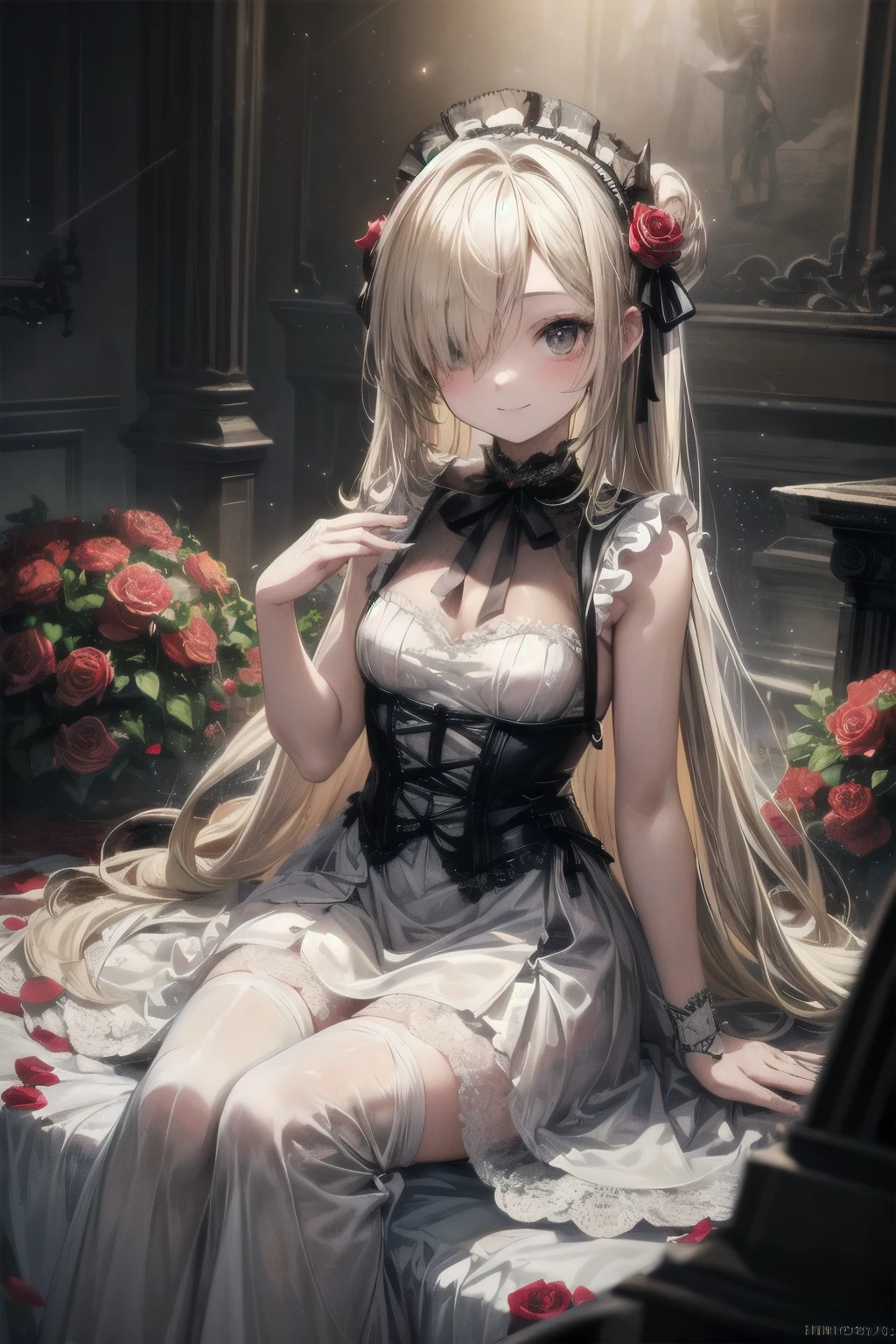 ((Masterpiece)), (Anime:1.3), ((best quality)), (Professional Photography:1.3), (super detail:1.2), (High Definition:1.3), (12 years old), 8K, lens flare, wide shot, Textured skin, cinematic lighting, 1girl, ((Beautiful Gothic Lolita pure-white-Dresses)), (very hoop-dress), Luxury roses embroidery, cute innocent young girl, (hair over one eye), Slender and small breasts, (long silky blond hair), (gothic lolita makeup), beautiful hair, (smile of ecstasy), (cute sparkle), (Healthy body), ((sitting on the rubbles)), Light particles, (beautiful appearance), (red roses garden), (sharp focus), (perfect light),