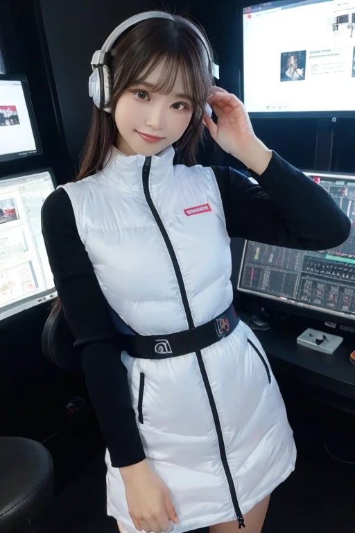 An innocent 20-year-old girl、((White tank top, Dramatic Pose)),smile,BREAK (Spacecraft control room background):2,、BREAK RAW Photos, (8k、highest quality、masterpiece:1.2)、(Intricate details:1.4)、(Photorealistic:1.4)、Octane Rendering、Complex 3D rendering with ultra-detail, Studio Soft Light, Rim Light, Vivid details, Super Detail, Realistic skin texture, Detailed aspect, Beautiful details in the eyes, Highly detailed CG Unity 16k wallpaper, compensate, (Detailed Background:1.2), Glowing Skin, whole body、(astrovest):2,(black long sleeves):5,headphone,smartwatch,((Standing with hands behind back、Leaning forward、Angle from above))