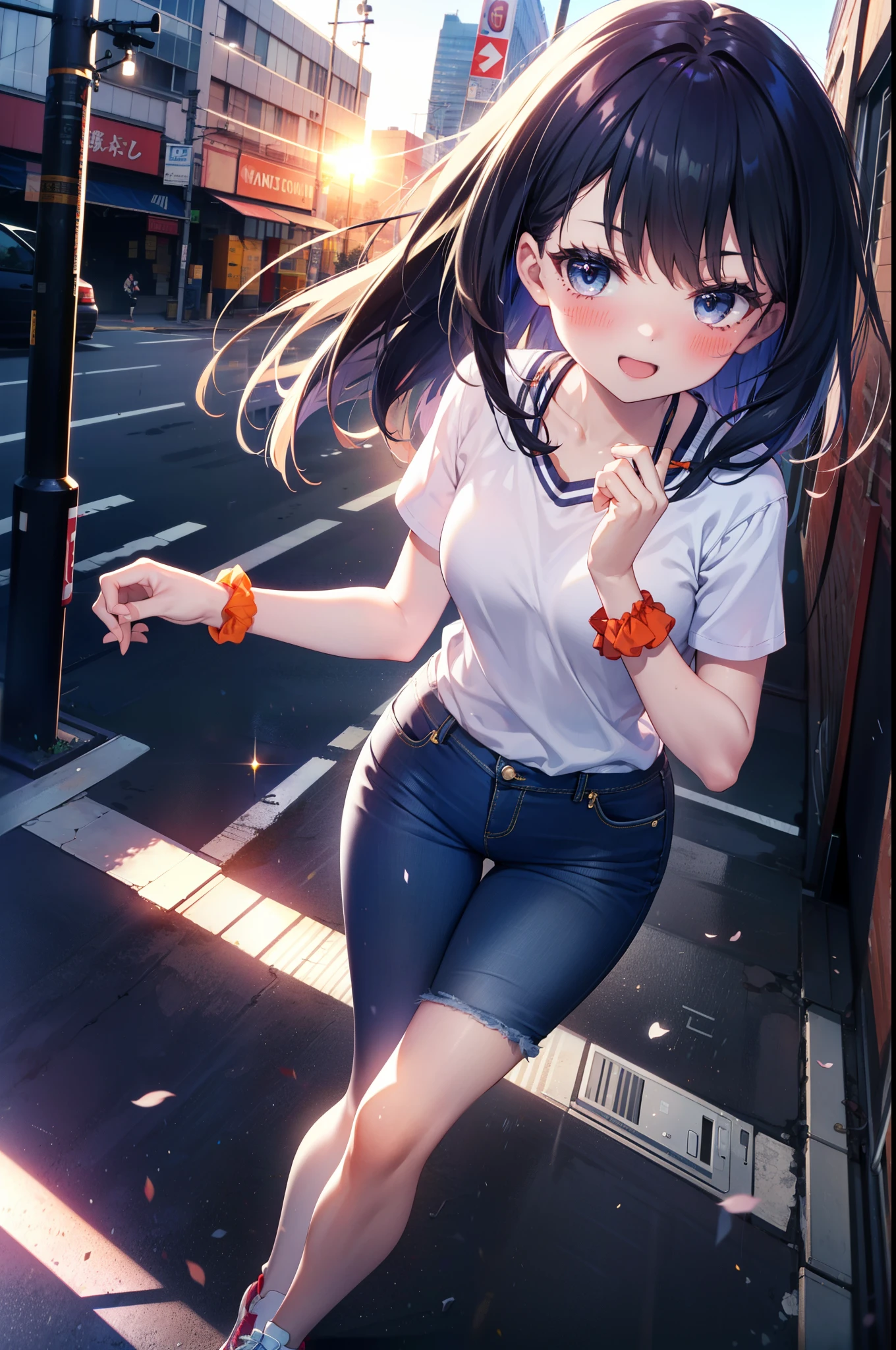 Rikka body, rikka takarada, Black Hair, blue eyes, Long Hair, orange Scrunchie, Scrunchie, wrist Scrunchie,happy smile, smile, Open your mouth,blush,hair band,Cordo shoulder top,Short sleeve,Skinny denim pants,High Top Sneakers,morning,morning陽,The sun is rising,whole bodyがイラストに入るように,walk,
break looking at viewer, whole body,
break outdoors, city,construction area,
break (masterpiece:1.2), highest quality, High resolution, unity 8k wallpaper, (shape:0.8), (Beautiful details:1.6), Highly detailed face, Perfect lighting, Extremely detailed CG, (Perfect hands, Perfect Anatomy),