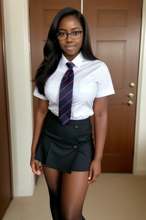 Very Busty young ebony girl wearing uniform very short skirt, very long patterned socks, tie, glasses