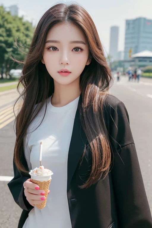masterpiece、top-quality)、1 beutiful girl、Slim body、((Black and white plain clothes:1.1))、(Detailed beautiful dark brown eyes)、In the Han River、Face similar to Chaewon in Le Selefim、((dark Brown long Hair))、((Smaller face))、((Neutral face))、((Light brown eyes))、((Thai half Korean Girl))、((28year old))、((cool lady))、((Embarrassed expression))、((Korean Makeup))、((elongated and sharp eyes))、((Happy dating))、((boyish))、((She is walking in front of the viewer))、((Holding ice cream in hand))、((Looking Up))