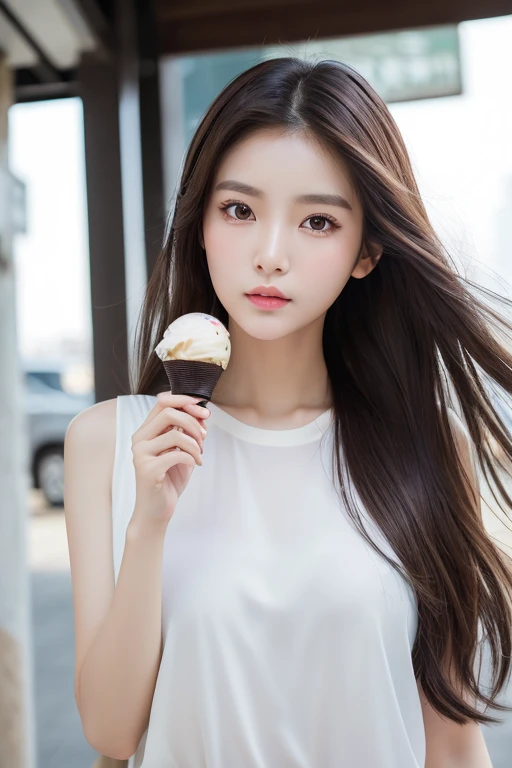 masterpiece、top-quality)、1 beutiful girl、Slim body、((Black and white plain clothes:1.1))、(Detailed beautiful dark brown eyes)、In the Han River、Face similar to Chaewon in Le Selefim、((dark Brown long Hair))、((Smaller face))、((Neutral face))、((Light brown eyes))、((Thai half Korean Girl))、((28year old))、((cool lady))、((Embarrassed expression))、((Korean Makeup))、((elongated and sharp eyes))、((Happy dating))、((boyish))、((She is walking in front of the viewer))、((Holding ice cream in hand))、((Looking Up))