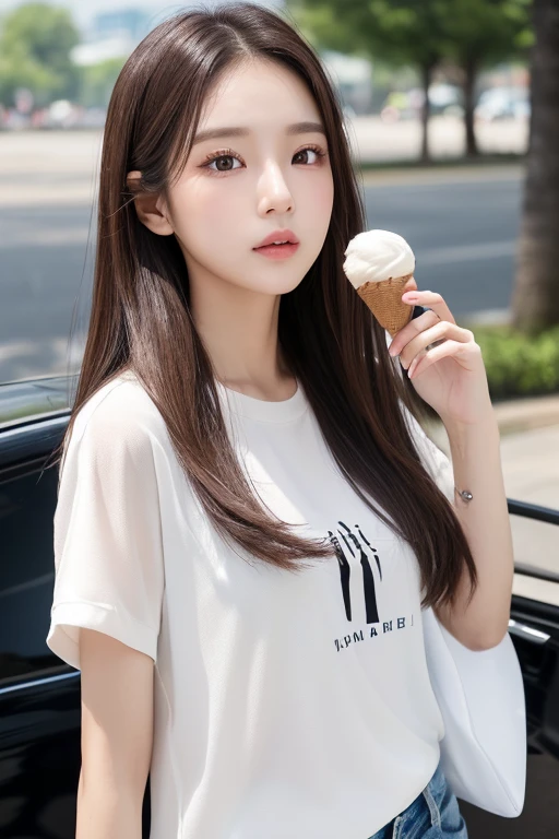 masterpiece、top-quality)、1 beutiful girl、Slim body、((Black and white plain clothes:1.1))、(Detailed beautiful dark brown eyes)、In the Han River、Face similar to Chaewon in Le Selefim、((dark Brown long Hair))、((Smaller face))、((Neutral face))、((Light brown eyes))、((Thai half Korean Girl))、((28year old))、((cool lady))、((Embarrassed expression))、((Korean Makeup))、((elongated and sharp eyes))、((Happy dating))、((boyish))、((She is walking in front of the viewer))、((Holding ice cream in hand))、((Looking Up))