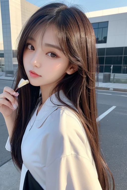 ​masterpiece、top-quality)、1 beutiful girl、Slim body、((Black and white plain clothes:1.1))、(Detailed beautiful dark brown eyes)、In the Han River、Face similar to Chaewon in Le Selefim、((dark Brown  long Hair))、((Smaller face))、((Neutral face))、((Light brown eyes))、((Thai half Korean Girl))、((28year old))、((cool lady))、((Embarrassed expression))、((Korean Makeup))、((elongated and sharp eyes))、((Happy dating))、((boyish))、((She is walking in front of the viewer))、((Holding ice cream in hand))、((Looking Up))