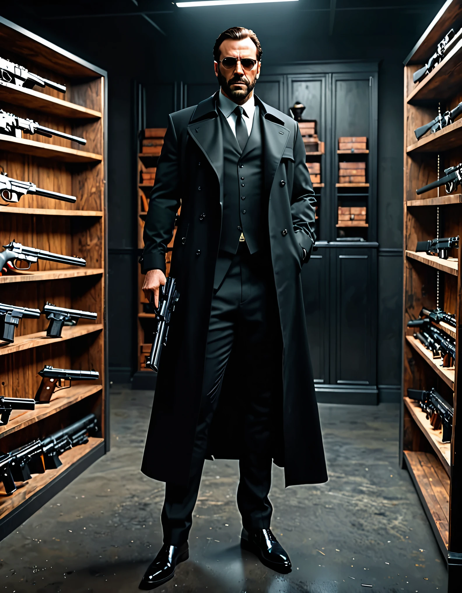 there is a man in a suit and tie holding a pistol, (glock 17), neo - noir style, 3 d render character art 8 k, full body portrait, neo noir style, concept art like ernest khalimov, cinematic full character, male character, highly detailed character, full body shot hyperdetailed, (arnold maya render:0.4), he is wearing a black trenchcoat, solo, single, (eyeglasses), long black trenchcoat, black suit and tie, (black shirt), dress shoes, formal, stoic. (weapons room backdrop, shelves behind him, weapons on each shelf).