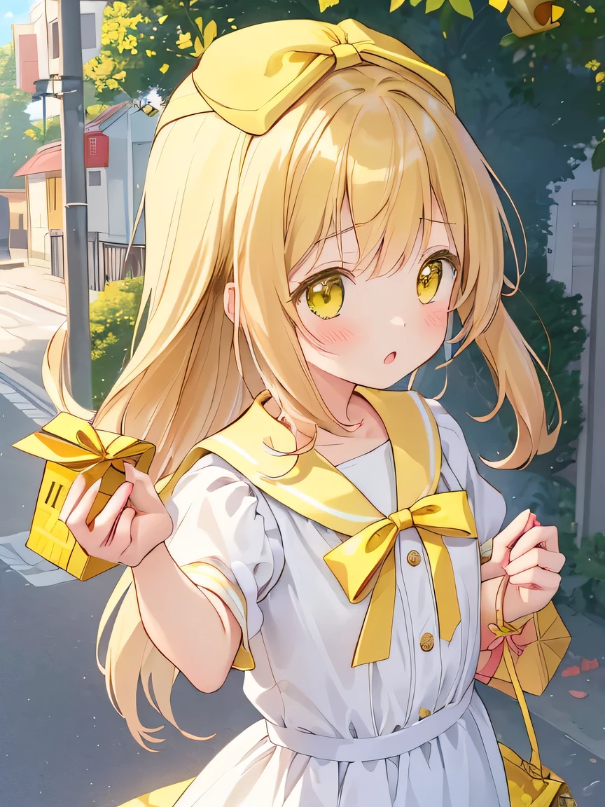 ((masterpiece)), ((best quality)), (ultra-detailed), ((kawaii)), cute, (lovely), illustration, anime style, 1girl, upper body, upper body focus, street, beautiful girl, residential area, walking, sidewalk, (holding a small yellow box of caramels), (shaking a small yellow box in her hand up and down:1.8), disappointed when she realizes that the contents are empty, caramels background.