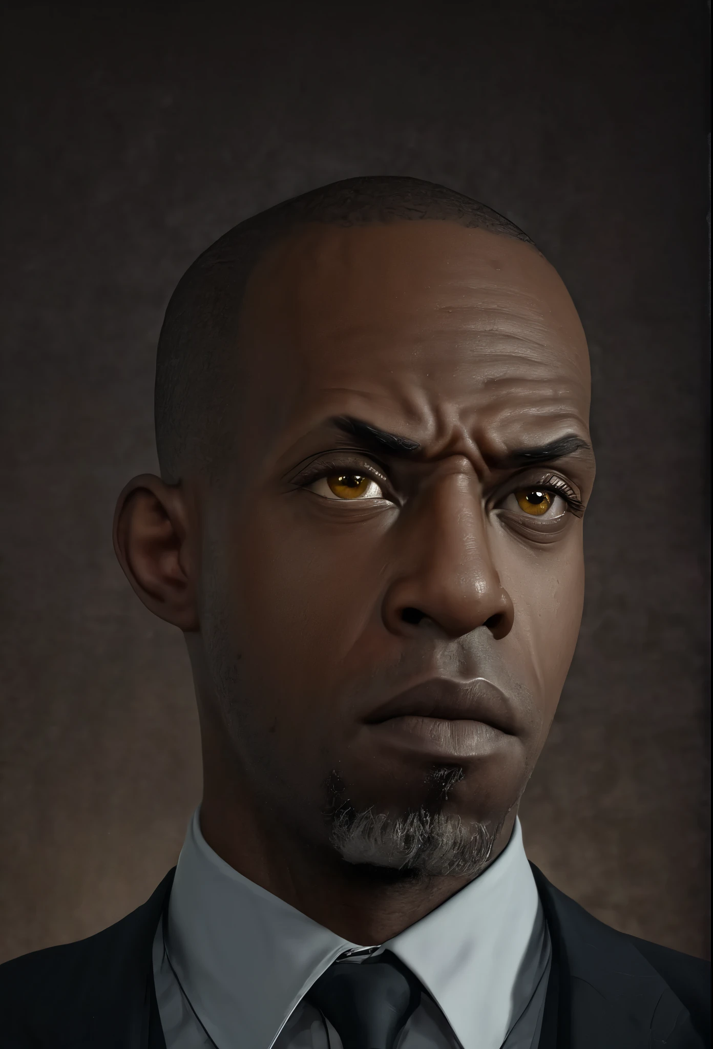 a close up of ,shawt ,a black man in a yellow shirt and tie, for hire 3d artist, closeup character portrait, cinematic bust portrait, character artist, detailed character portrait, character art portrait, stylized portrait, stylized portrait formal pose, highly detailed character design, cgsociety portrait, close up character, nerdy man character portrait, highly detailed character, realistic character concept