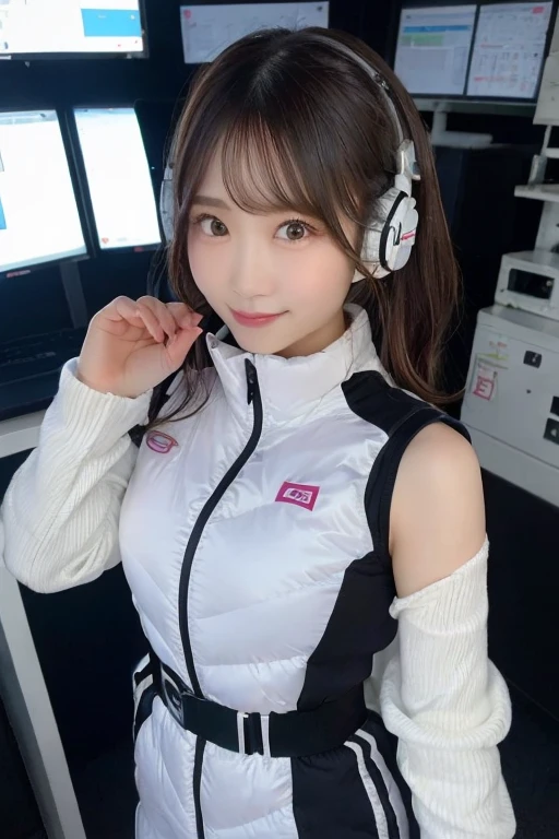 An innocent 20-year-old girl、((White tank top, Dramatic Pose)),smile,BREAK (Spacecraft control room background):2,、BREAK RAW Photos, (8k、highest quality、masterpiece:1.2)、(Intricate details:1.4)、(Photorealistic:1.4)、Octane Rendering、Complex 3D rendering with ultra-detail, Studio Soft Light, Rim Light, Vivid details, Super Detail, Realistic skin texture, Detailed aspect, Beautiful details in the eyes, Highly detailed CG Unity 16k wallpaper, compensate, (Detailed Background:1.2), Glowing Skin, whole body、(astrovest):2,(black long sleeves):5,headphone,smartwatch,((Standing with hands behind back、Leaning forward、Angle from above))