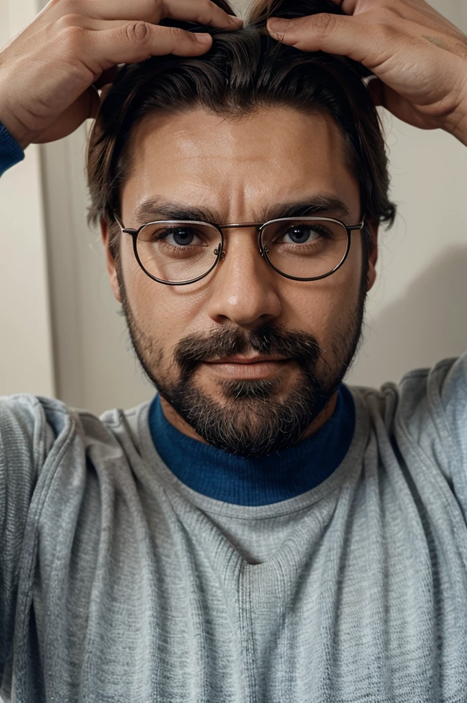 Um homem alto, forte, entre os 40 anos de de cabelo castanho e curto, barba, oculos e um sueter azul
