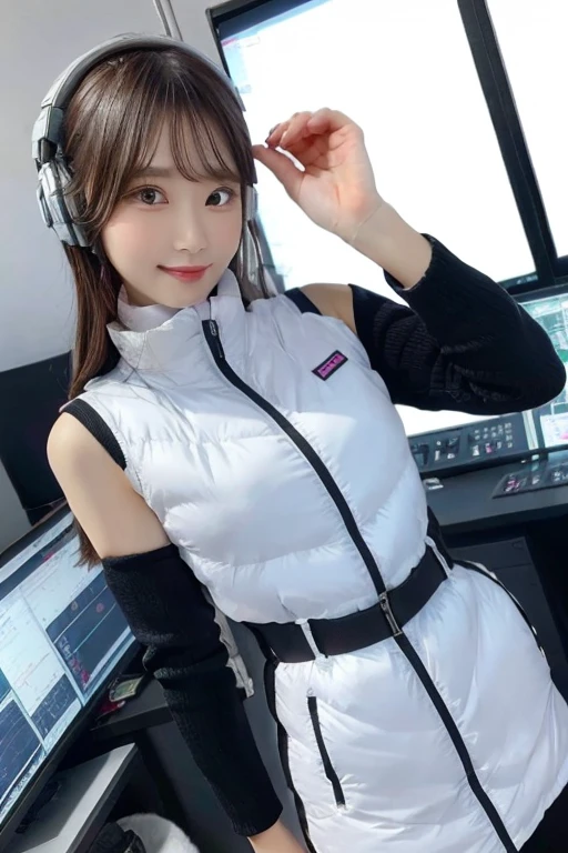 An innocent 20-year-old girl、((White tank top, Dramatic Pose)),smile,BREAK (Spacecraft control room background):2,、BREAK RAW Photos, (8k、highest quality、masterpiece:1.2)、(Intricate details:1.4)、(Photorealistic:1.4)、Octane Rendering、Complex 3D rendering with ultra-detail, Studio Soft Light, Rim Light, Vivid details, Super Detail, Realistic skin texture, Detailed aspect, Beautiful details in the eyes, Highly detailed CG Unity 16k wallpaper, compensate, (Detailed Background:1.2), Glowing Skin, whole body、(astrovest):2,(black long sleeves):5,headphone,smartwatch,((Standing with hands behind back、Leaning forward、Angle from above))