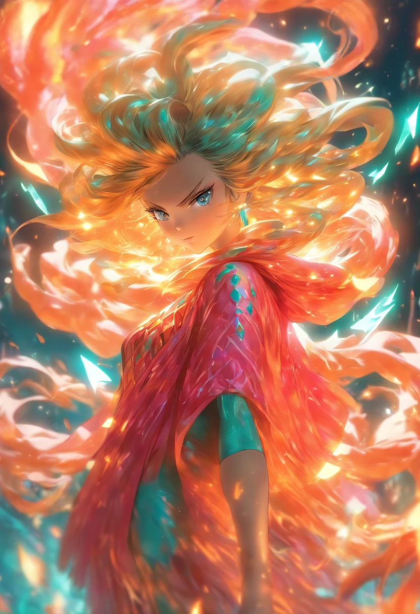 A girl with long glossy hair. magnificent pose. bound to a swirling orange flames filled. wearing red and pink glassy crystal mettalic mini dress mixed teal shades. Pink sheepskin poncho around her shoulders