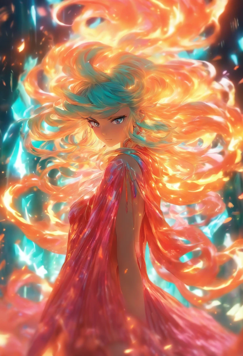 A girl with long glossy hair. magnificent pose. bound to a swirling orange flames filled. wearing red and pink glassy crystal mettalic mini dress mixed teal shades. Pink sheepskin poncho around her shoulders