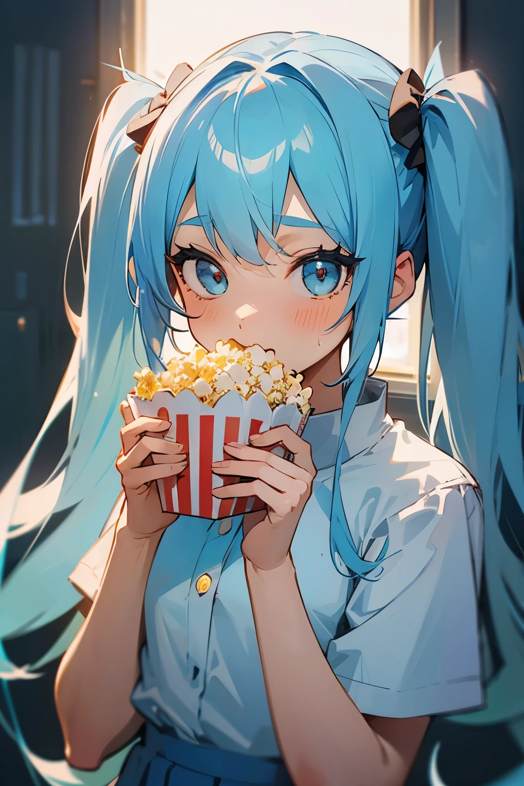 Eating popcorn one by one Girl Twin tails Light blue hair Cute