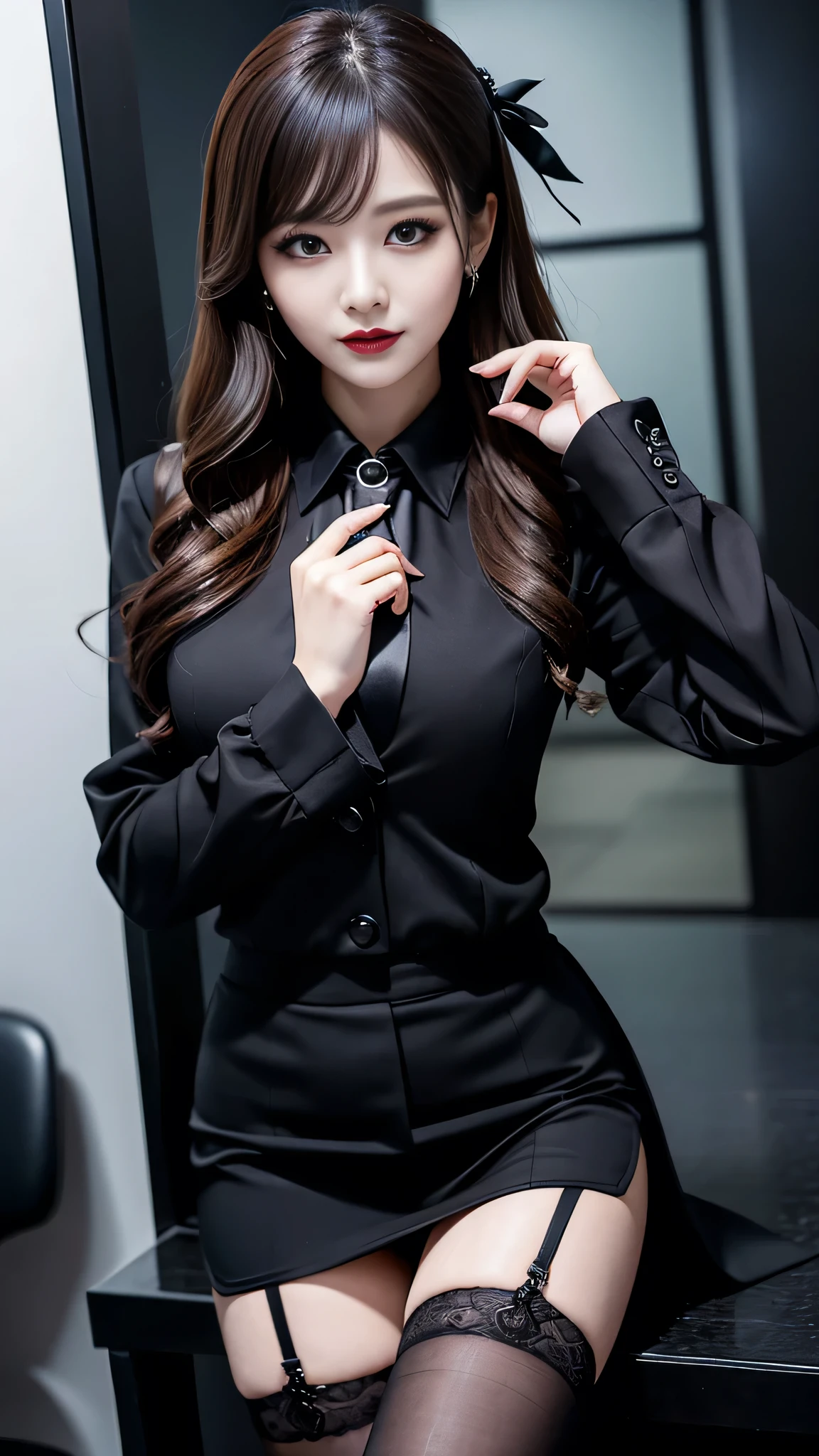best quality、ultra-detailed、4k、Japanese、Seductive beauty、seductive adult woman、Pretty Woman、cool girl、Villainess、Brainwashed、brainwash、Fallen into evil、smirk、Evil look、Wicked Smile、evil、Brown hair、wavy hair、swept bangs、dark makeup、dark makeup、piercing eyes、hollow eyes,half-closed eyes、Hollow Eyes、purple Eyeshadow、black lipstick、black lipglos、office staff suit、suit、Jacket、Black sleeves、shirt、Black Ribbon、Tight Skirt、fishpantyhose、stockings、night、inside darkroom、Are standing、shoot from below、Makeup brushes、Have lipstick、Emblem of Evil、Crest of Darkness、Swear allegiance、I have pledged my allegiance、Dye black、Blackening、Stained with evil、Dyed in darkness、Seduce