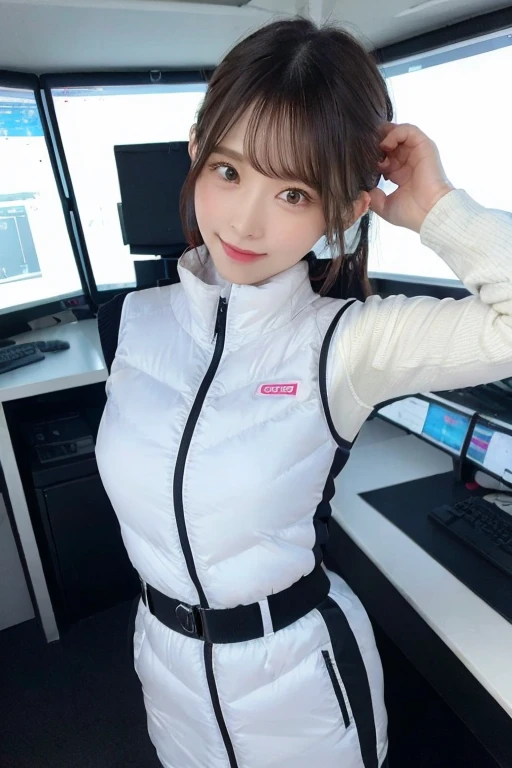 An innocent 20-year-old girl、((White tank top, Dramatic Pose)),smile,BREAK (Spacecraft control room background):2,、BREAK RAW Photos, (8k、highest quality、masterpiece:1.2)、(Intricate details:1.4)、(Photorealistic:1.4)、Octane Rendering、Complex 3D rendering with ultra-detail, Studio Soft Light, Rim Light, Vivid details, Super Detail, Realistic skin texture, Detailed aspect, Beautiful details in the eyes, Highly detailed CG Unity 16k wallpaper, compensate, (Detailed Background:1.2), Glowing Skin, whole body、(astrovest):2,(black long sleeves):5,headphone,smartwatch,((Standing with hands behind back、Leaning forward、Angle from above))