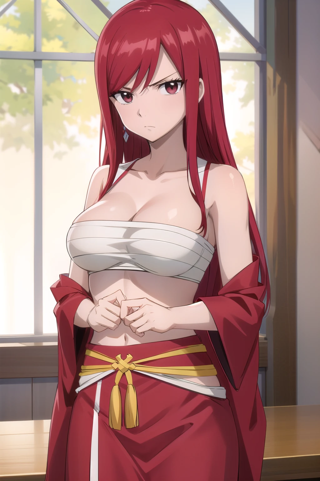 absurdres, highres, ultra detailed, Erza scarlet , disappointed face, discutindo , solo, traditional gueicha ,, kimono gueixa sexy , medium chest , looking at viewer . Cerejeiras