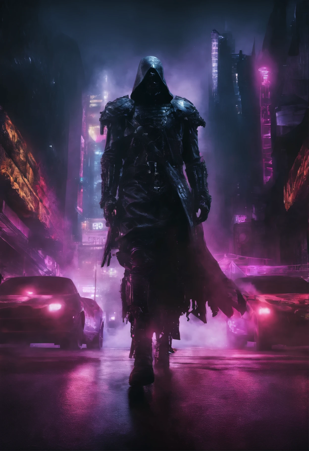 (extremely detailed 8k wallpaper), a medium shot photo of cyberpunk scary Grim dressed as a cybernetic Templer well illustrated shadow in an armour made of colourful fog from marvel, cyberpunk theme, intricate, high detail, dramatic, neon city lights in the background