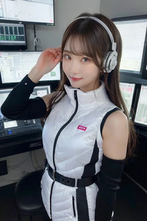 An innocent 20-year-old girl、((White tank top, Dramatic Pose)),smile,BREAK (Spacecraft control room background):2,、BREAK RAW Photos, (8k、highest quality、masterpiece:1.2)、(Intricate details:1.4)、(Photorealistic:1.4)、Octane Rendering、Complex 3D rendering with ultra-detail, Studio Soft Light, Rim Light, Vivid details, Super Detail, Realistic skin texture, Detailed aspect, Beautiful details in the eyes, Highly detailed CG Unity 16k wallpaper, compensate, (Detailed Background:1.2), Glowing Skin, whole body、(astrovest):2,(black long sleeves):5,headphone,smartwatch,((Standing with hands behind back、Leaning forward、Angle from above))