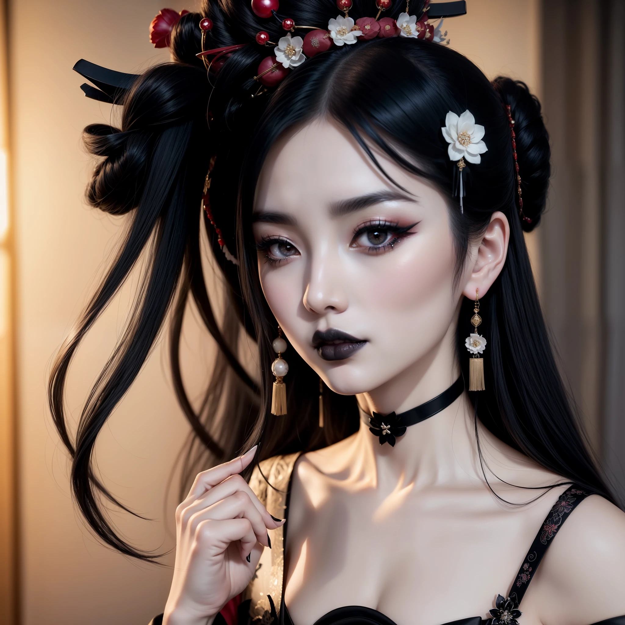 a gothic Japanese geisha, pale silky skin (makeup), full lips (black lipstick), beautiful flowing black hair, beautiful pale hands with big black nails, beautiful eyes, wearing gothic bracelet, gothic earrings, wearing a black gothic kimono with white flowers lotus, with little bats flying around her hair, exquisite gothic geisha, beautiful geisha outdoors in the dark night, a beautiful oriental queen of darkness, masterpiece of darkness, beautiful, beautiful funeral geisha.