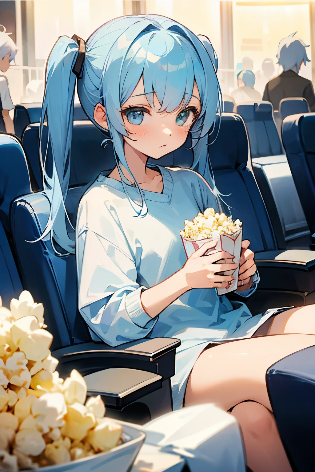 Popcorn, movie theater, girl, twin tails, light blue hair, cute