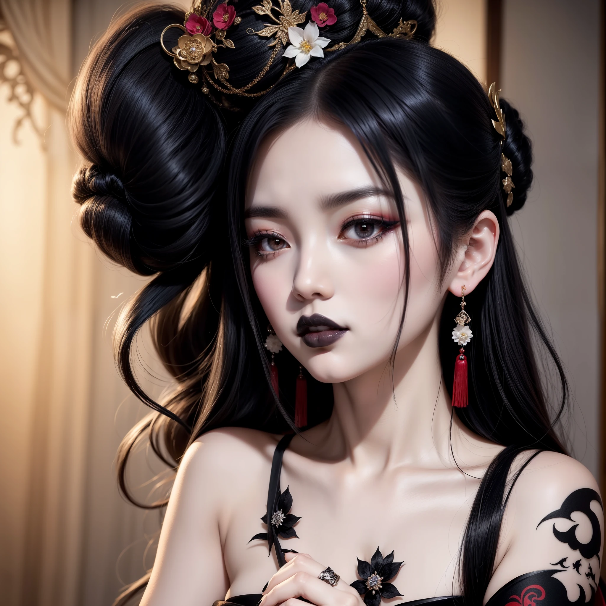 a gothic Japanese geisha, pale silky skin (makeup), full lips (black lipstick), beautiful flowing black hair, beautiful pale hands with big black nails, beautiful eyes, wearing gothic bracelet, gothic earrings, wearing a black gothic kimono with white flowers lotus, with little bats flying around her hair, exquisite gothic geisha, beautiful geisha outdoors in the dark night, a beautiful oriental queen of darkness, masterpiece of darkness, beautiful, beautiful funeral geisha.
