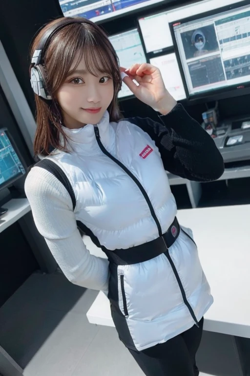 An innocent 20-year-old girl、((White tank top, Dramatic Pose)),smile,BREAK (Spacecraft control room background):2,、BREAK RAW Photos, (8k、highest quality、masterpiece:1.2)、(Intricate details:1.4)、(Photorealistic:1.4)、Octane Rendering、Complex 3D rendering with ultra-detail, Studio Soft Light, Rim Light, Vivid details, Super Detail, Realistic skin texture, Detailed aspect, Beautiful details in the eyes, Highly detailed CG Unity 16k wallpaper, compensate, (Detailed Background:1.2), Glowing Skin, whole body、(astrovest):2,(black long sleeves):5,headphone,smartwatch,((Standing with hands behind back、Leaning forward、Angle from above))